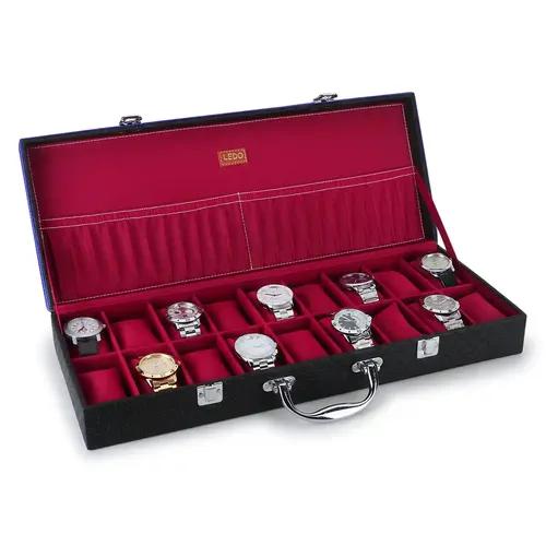 LEDO Faux Leather Watch Box Holder Case In 18 Slots Of Watches for Men and Women - Black & Cherry