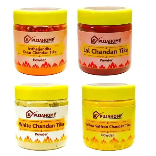 Pujahome Chandan Tika Powder Combo Pack of 4 Chandan Powder for Religious Pooja and Tilak (50 Gram, Yellow and Kesar)