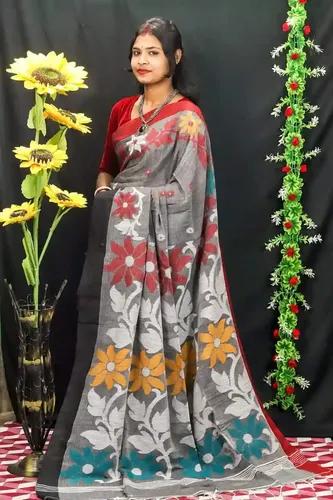 Floral Grey Handloom Jamdani Saree