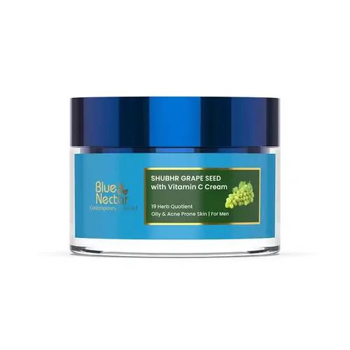 BLUE NECTAR Vitamin C Face Moisturizer for Oily & Acne Prone Skin with Grapeseed | Oil-Free | Plant Based Vit C Lightweight Cream for Men (19 herbs, 50g)