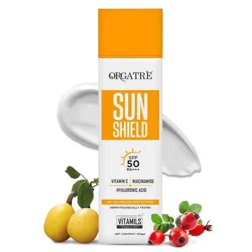 Orgatre Sunscreen SPF 50 PA+++ | Sun Shield | Lightweight, No White Cast | Vitamin C, Niacinamide & Hyaluronic Acid | Broad Spectrum UVA/UVB Protection | Non-Greasy, Water Resistant, Up to 8 Hours Protection | Dermatologically Tested | Suitable for All Skin Types | 100g