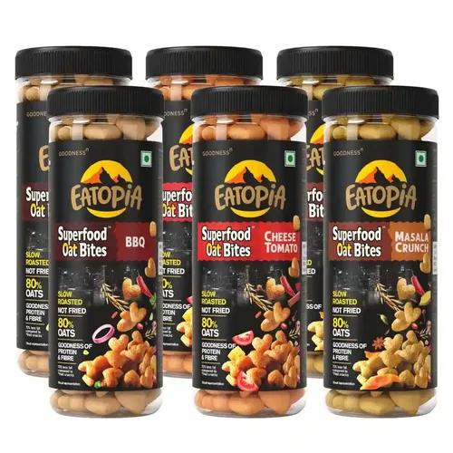 EATOPIA 2 Masala Crunch, 2 BBQ & 2 Cheese Tomato Oat Bites | No Maida, Non-GMO, Not fried, Whole Grain | Gluten Free Oats | High Protein & Fiber | Healthy Diabetic Snacks | Healthy Snacks for Weight Loss | Pack of 6 (Pet Jar)