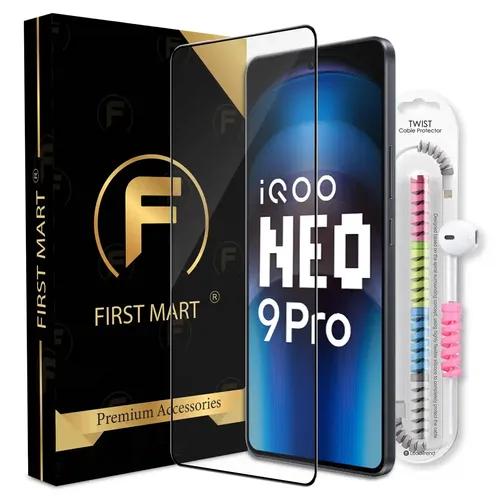 FIRST MART Premium Tempered Glass for iQOO Neo 9 Pro 5G / Z9 5G / iQOO 12 5G with Edge to Edge Coverage and Cable Protector and Easy Installation Kit, Pack of 1