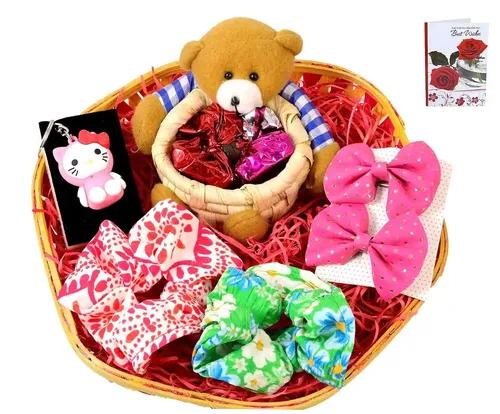 Mantouss Rakhi Gift For Sister/Rakshabandhan Gift/Birthday Gift For Sister/Gift For Sister-Decorated Basket+Chocolate In A Teddy Bear Basket+2 Scrunchies+Kitty Key Chain+Best Wishes Greeting Card