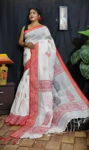 Pure Linen White Handloom Tangail Saree