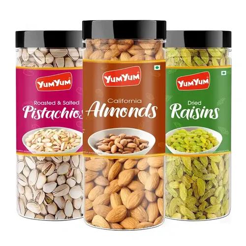 YUM YUM Premium Dry Fruits Combo Pack of 3 | California Almonds 150g, Roasted Salted Pistachios Nut 150g, Dried Raisins Kishmish 150g| Total 450g | Healthy Dry Fruits Snacks | Badam, Kismis, Pista Dry fruit Combo