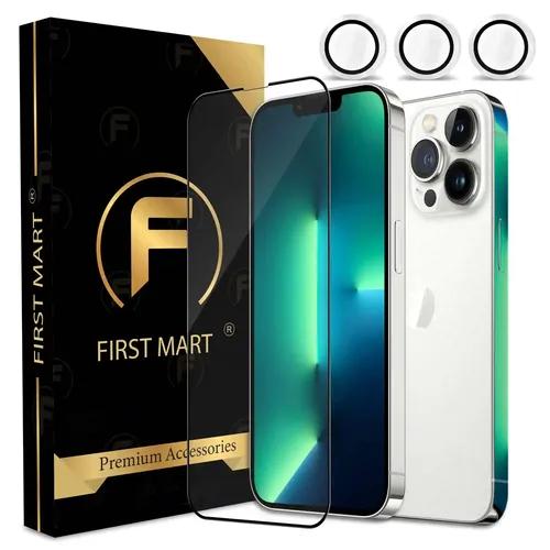 FIRST MART for iPhone 13 Pro Tempered Glass and 1 Set of Individual White Camera Rings Protectors, 2.5D Curved Edges, Full-Coverage Military-Grade Protection, Scratch Resistant | White Rings