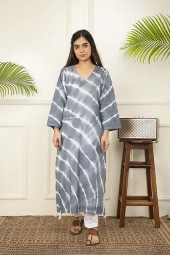 Grey Leheriya Tie And Dye Cotton A-Line Kurta - X-Small