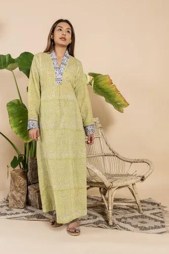 Co-ord Lemon Green Rashidi Kurta Set With Side Pocket - Small