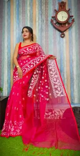 Tomato Red Reshom Silk Handloom Jamdani Saree