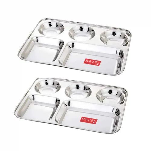 HAZEL Stainless Steel Compartment Mess Plate | Steel Rectangle Bhojan Thali with Round Holes, Set of 2