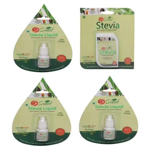 So Sweet Stevia Combo of 500 Stevia Tablets and Pack of 3 Liquid Drops (total 300 drops 100% Natural Diabetic Control Sweetener - Sugarfree