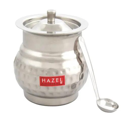 HAZEL Ghee Pot With Spoon | Stainless Steel Hammered Finish Ghee Container For Kitchen | Premium Oil Container With Lid For Pooja Items, 500 ML