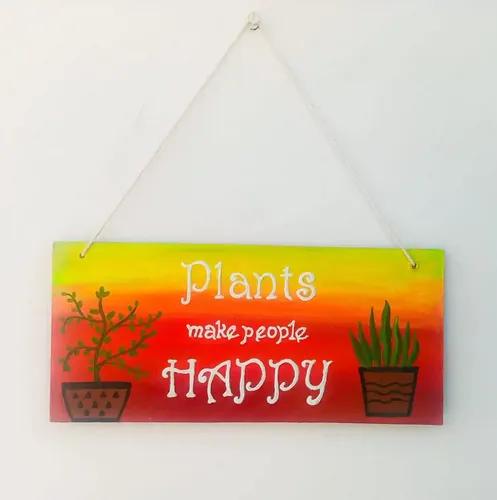 "Plants make people happy" Hand Painted Wooden Wall Hanging Decor - Yellow Red