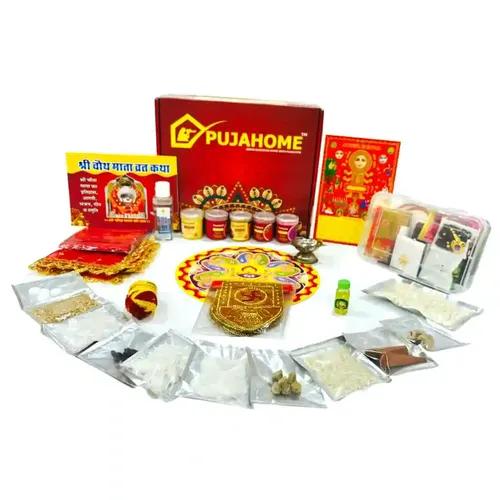 PujaHome Karwa Chauth Puja Samagri Kit - Complete Chauth Mata Pooja Kit with 40+ Items, Including Karwa Chauth Puja Thali & Solah Shringaar Saman for an Auspicious Celebration