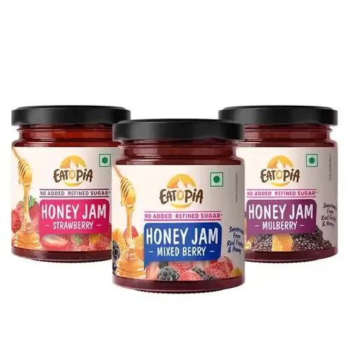 EATOPIA Mixed Berry, Strawberry & Mulberry Honey Jam - Kids & Adult | Sugar Free | 100% Natural | No Preservatives | No Added Flavours | 70% Real Fruits & Honey | Good for Gut Health | Pack of 3-720g