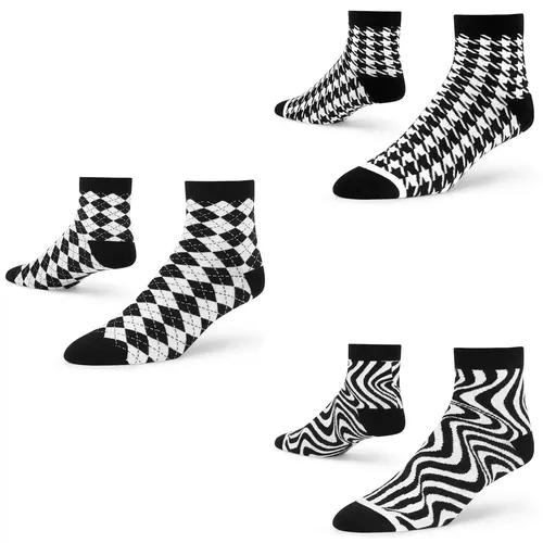 DYNAMOCKS Men's and Women's Combed Cotton Ankle Length Socks (Pack of 3) (Multicolour, Free Size)_Mono_Houndstooth_Dandy_B_n_White