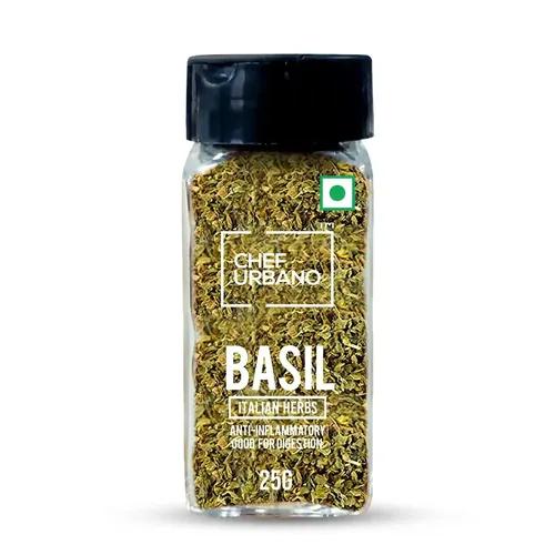 Chef Urbano Basil 25 GMS Sprinkler | Italian Herbs | Pizza and Pasta Seasoning | Premium Herbs and Spices | Flakes/Leaves | Glass Bottle