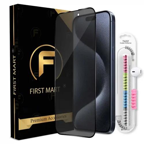 FIRST MART Privacy Tempered Glass for iPhone 15 Pro Max Edge to Edge Full Screen Coverage & Cable Protector & Easy Installation Kit