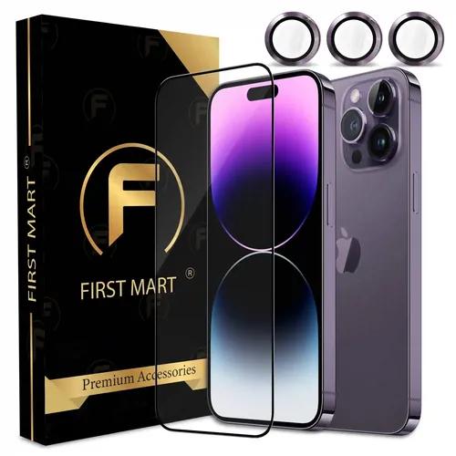 FIRST MART for iPhone 14 Pro Max Tempered Glass and 1 Set of Individual Deep Purple Camera Rings Protectors, 2.5D Curved Edges, Full-Coverage Military-Grade Protection, Scratch Resistant