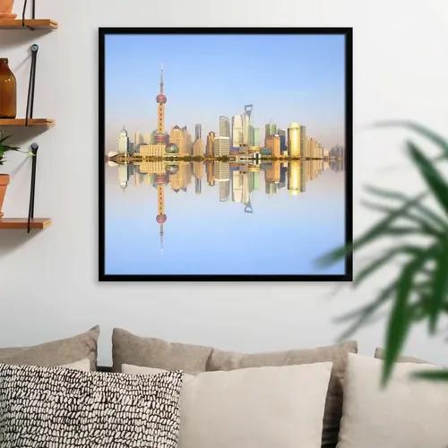 ArtzFolio 2012 Shanghai City Skyline At Dusk | Premium Canvas Painting for Bedroom & Living Room | Black Wood Frame | 28 x 28 inch (71 x 71 cms)