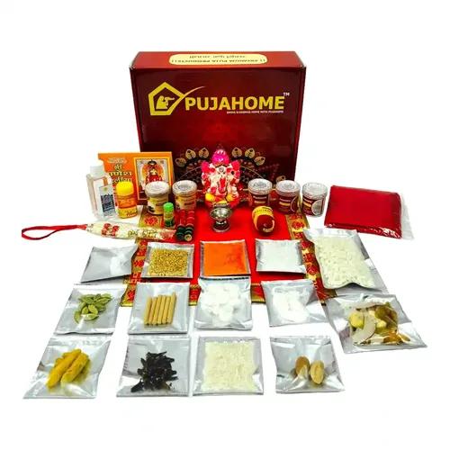 Pujahome Ganesh Puja Samagri Kit for Ganesh Pujan/Ganpati Pooja Kit/Ganesh Chaturthi Puja/Ganesh Pooja with Mitti(Painted Clay) Ganesh Murti(32 Items)