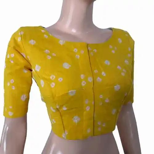 Bandhani Cotton Boat neck Blouse with lining - Yellow S