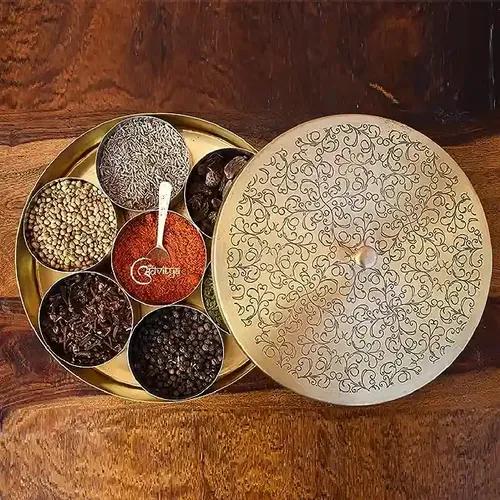 The Advitya Handcrafted Brass Masala Spice Box - Big Size