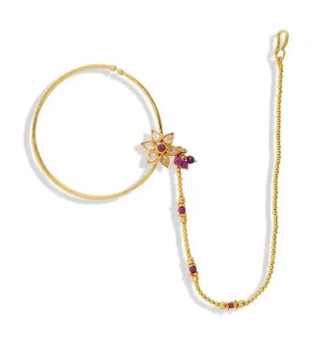 JEWELOPIA Nath Traditional Nathiya for Women Nose ring without Piercing Gold Plated Nath Clip On Nose Ring For Women (Ruby)