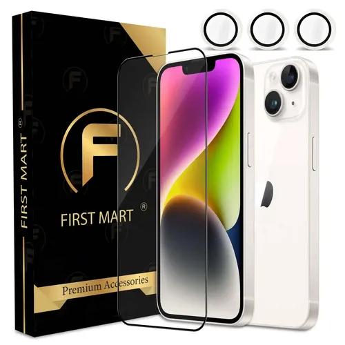 FIRST MART for iPhone 14 Tempered Glass and 1 Set of Individual White Camera Rings Protectors, 2.5D Curved Edges, Full-Coverage Military-Grade Protection, Scratch Resistant | White Rings