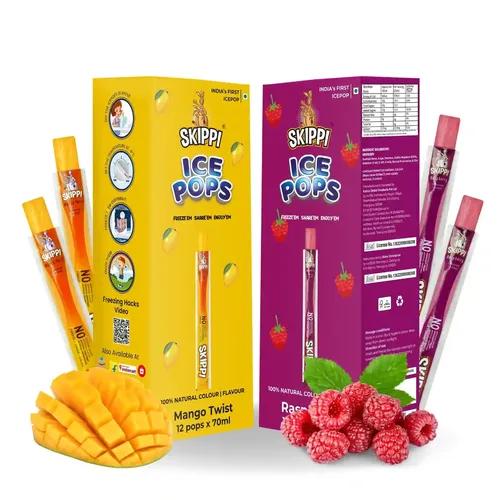 SKIPPI ICE POPS 100% Natural Freezer Pops, Juice Bars, Ice Pops - Raspberry & Mango Flavors (12+12 Pops Boxes)