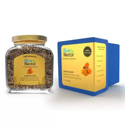 BLUE NECTAR Amritanadi Darjeeling Immunity Booster Green Tea with Turmeric, Tulsi & Ginger (50g | 25 cups)