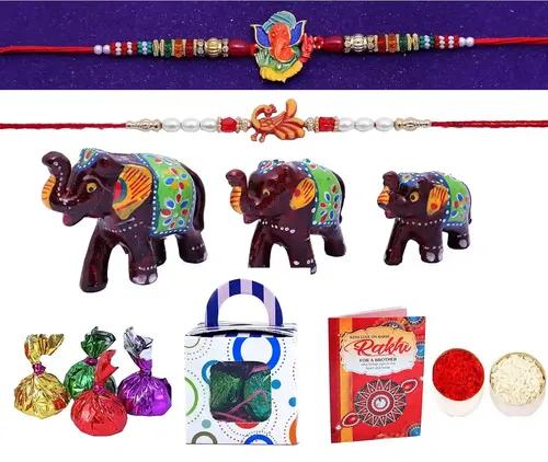 Set Of 2 Rakhi For Brother/Rakhi For Brother And Bhabi Combo/Rakhi For Brother With Gift-Kundan Rakhi+Beads Rakhi+Elephant Showpiece +Roli, Chawal+Rakshabandhan Greeting Card