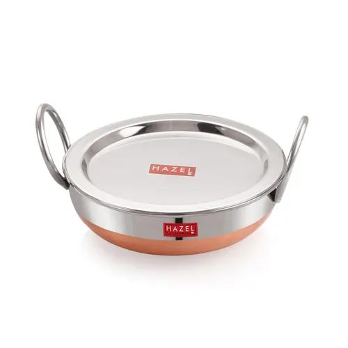 HAZEL Stainless Steel Kadai with Lid | Copper Bottom Utensil, Capacity of 1.5 LTR I 18 Gauge Vessel, Silver & Copper I Ideal for Daily Use