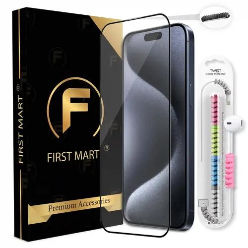 FIRST MART Premium Tempered Glass for iPhone 15 Pro Max Edge to Edge Screen Coverage, Speaker Mesh Dust Filter & Cable Protector with Easy Installation Kit