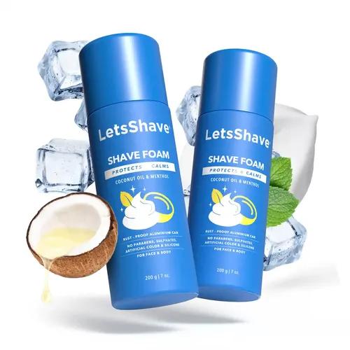 LetsShave Shave Foam - Coconut Oil Enriched - Rust Proof Aluminium Bottle - Paraben And Sulphate Free - 200 G (1 + 1 Free)