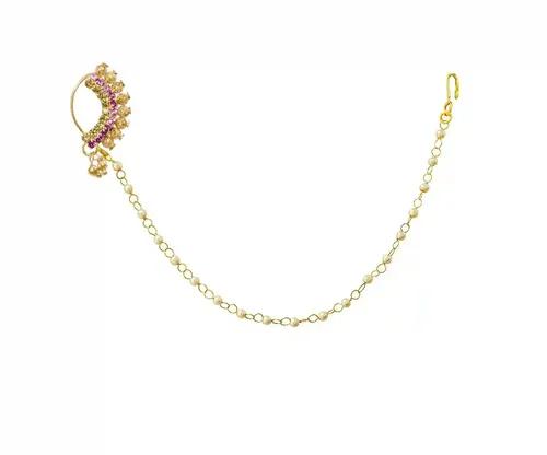 JEWELOPIA Nathiya Nose Ring with Pearl Chain without Piercing Gold Plated CZ Ruby Besar Traditional Nath Clip For Women (Ruby-Champagne)