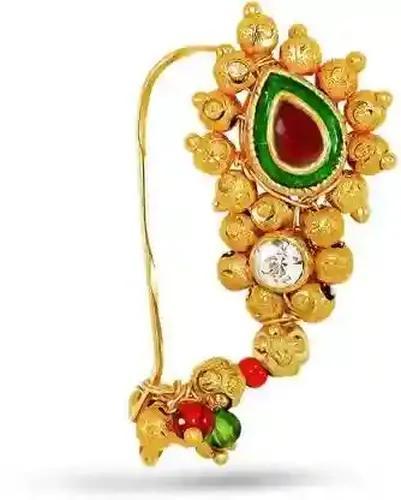 JEWELOPIA Traditional Big Size Maharashtrian Nose Ring with Piercing Nose Ring Gold Plated Nath For Women Girls (Pearl)