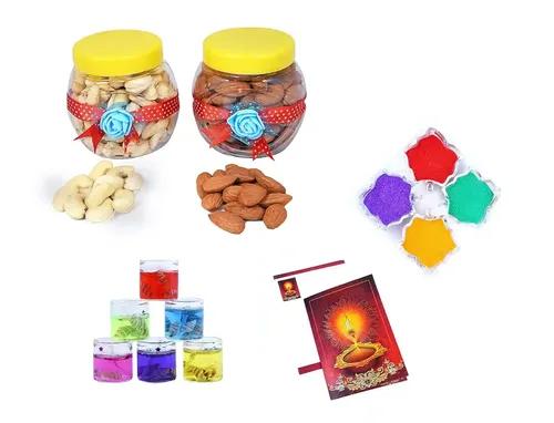 MANTOUSS Diwali Dry Fruit Decorated Jar-Almond and Cashew(100gms Each),200 GMS + 2 Gel Filled Glass Candle, Diwali Greeting Card and Rangoli Colours