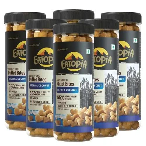 Eatopia Bajra Whole Grain & Coconut Millet Bites | No Maida, Non GMO, No Added Sugar | Gluten Free | Millets & Cereals | High Protein & Fiber | Breakfast Cereals | Healthy Snacks for Kids | Pack of 6 (Pet Jar)