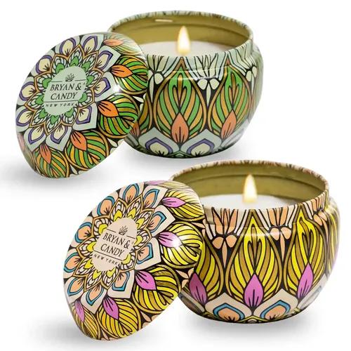 Bryan & Candy Scented Candles Gift Set for Women & Men| 60gm Each Soy Wax Eco-Friendly Printed Tin, Pack of 2 (Turquoise Blue | Spiced Apple)