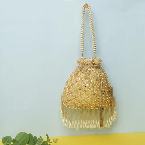 Evening Heavy Embroidery Potli Bag For Women - Gold